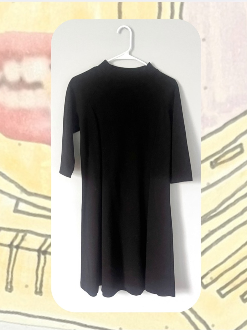 Uniqlo Black Midi A-Line Mock Neck Dress with Elbow Sleeves
